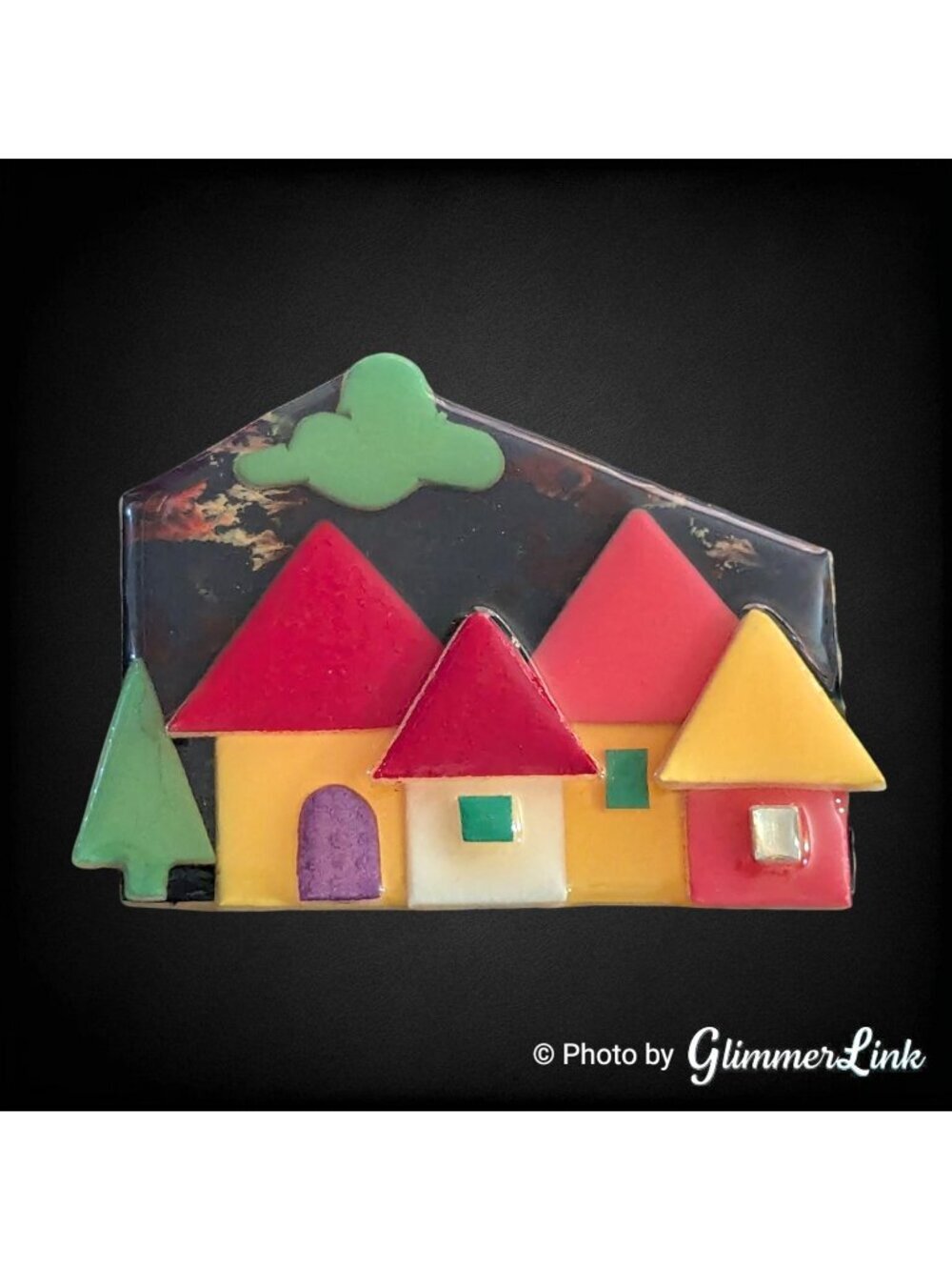 Vintage Lucinda House Pins Colorful Village Mixed Media Brooch